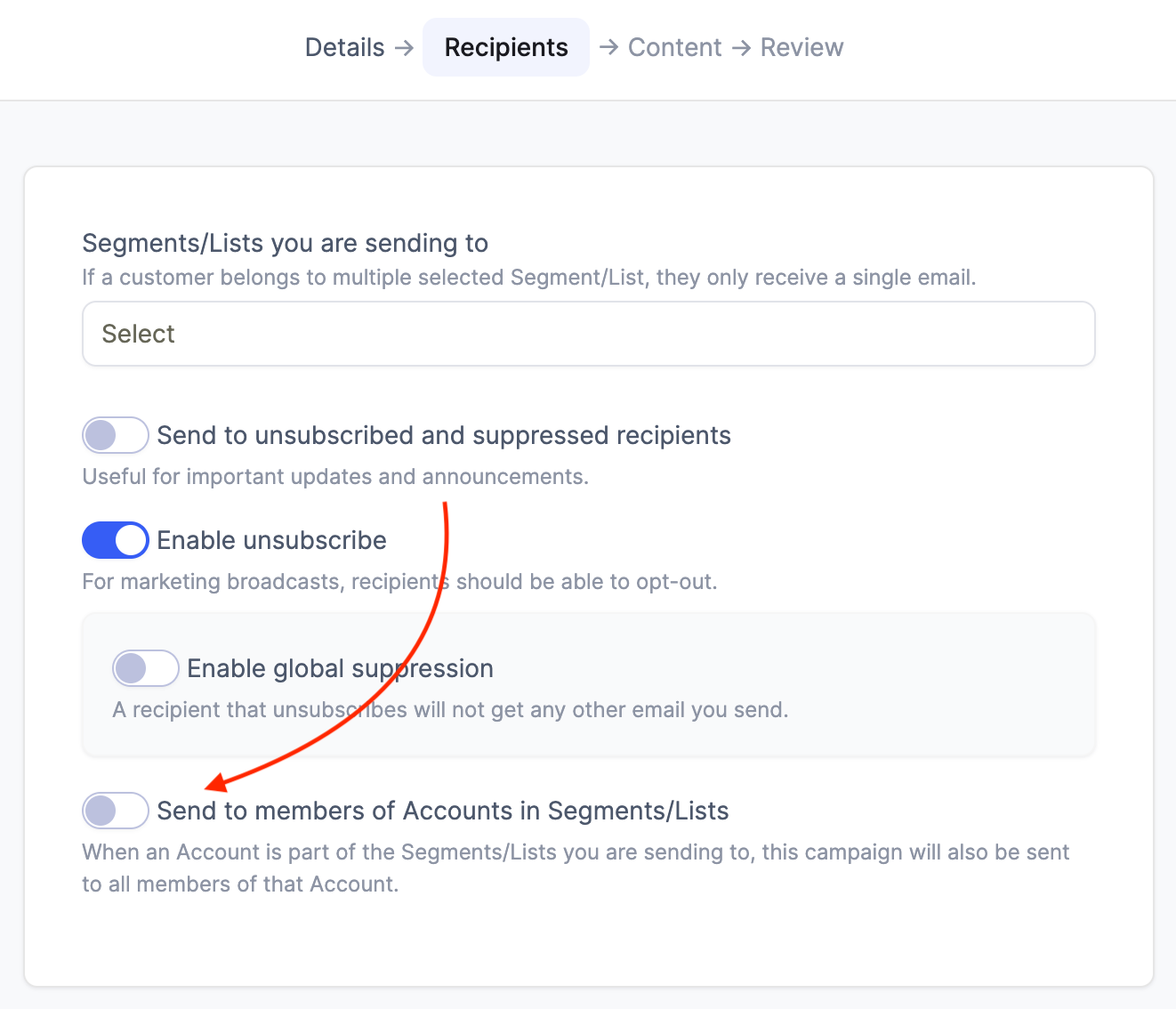 Recipients tab of email campaigns showing the option to also send to members of Accounts