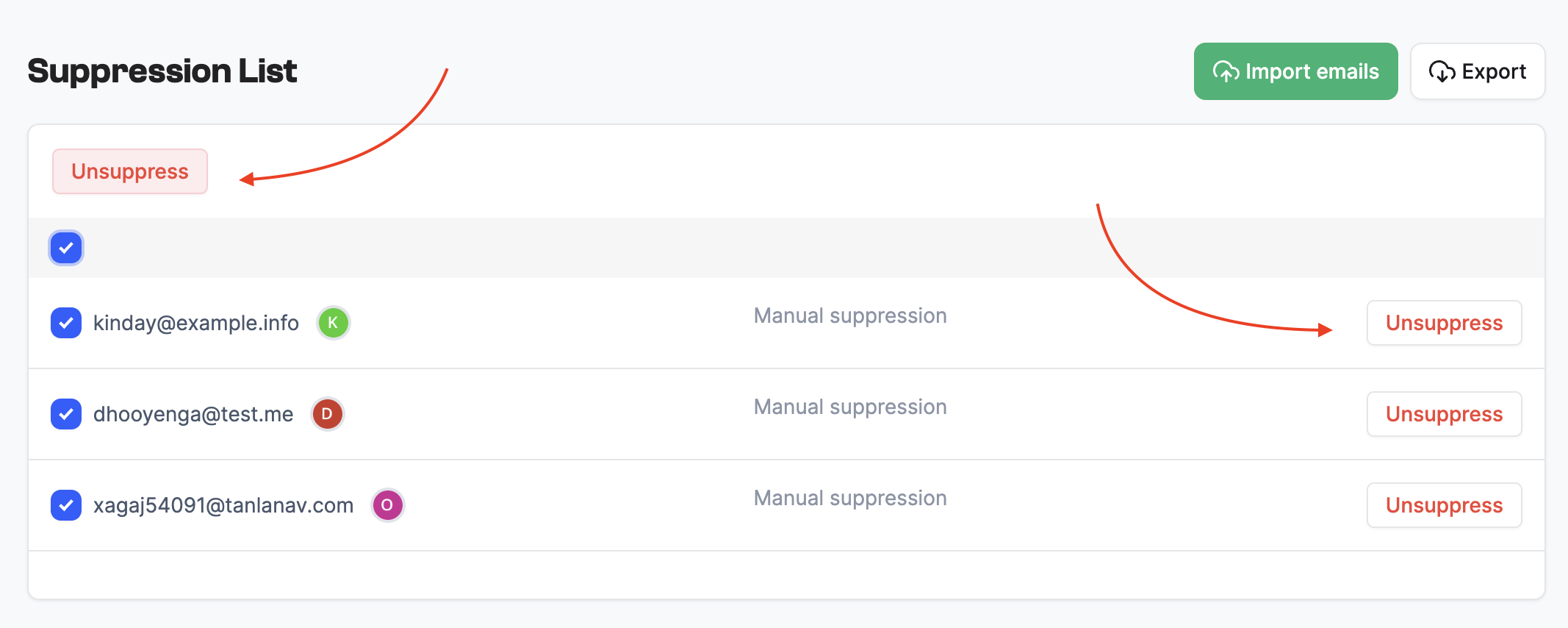 Suppression List page with highlights on how to remove emails