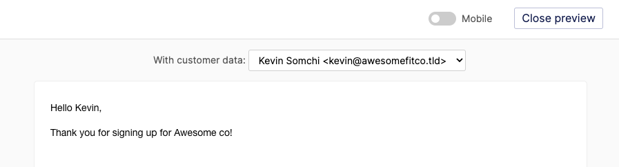 Email broadcast preview page showing the rendered tags