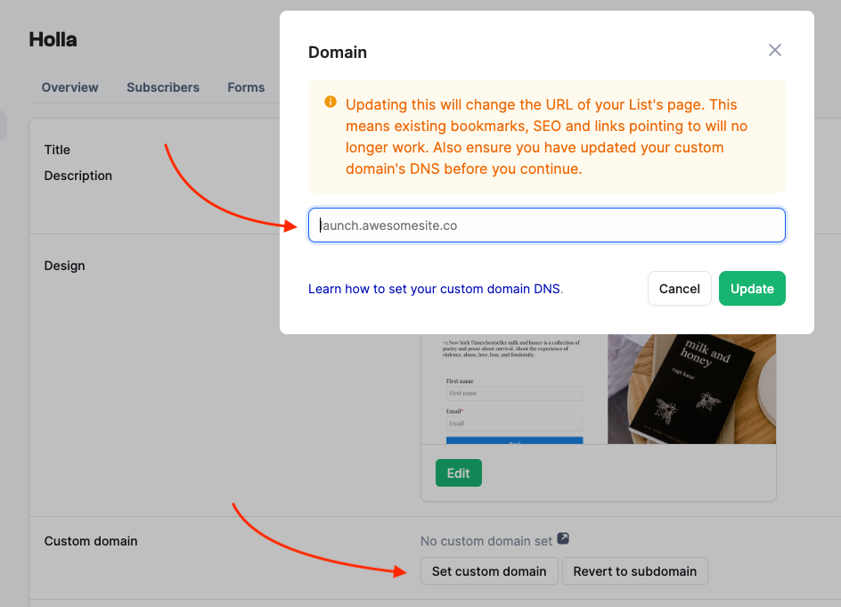 Update custom domain on Page
