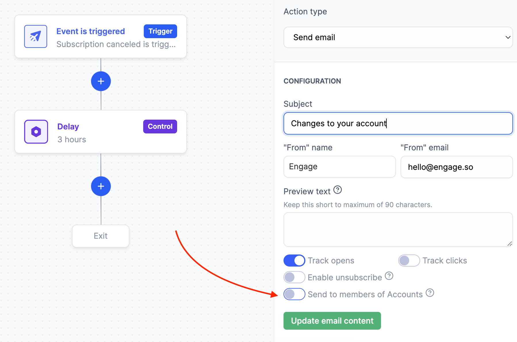 Email stage of an automation showing how to send to members of Accounts