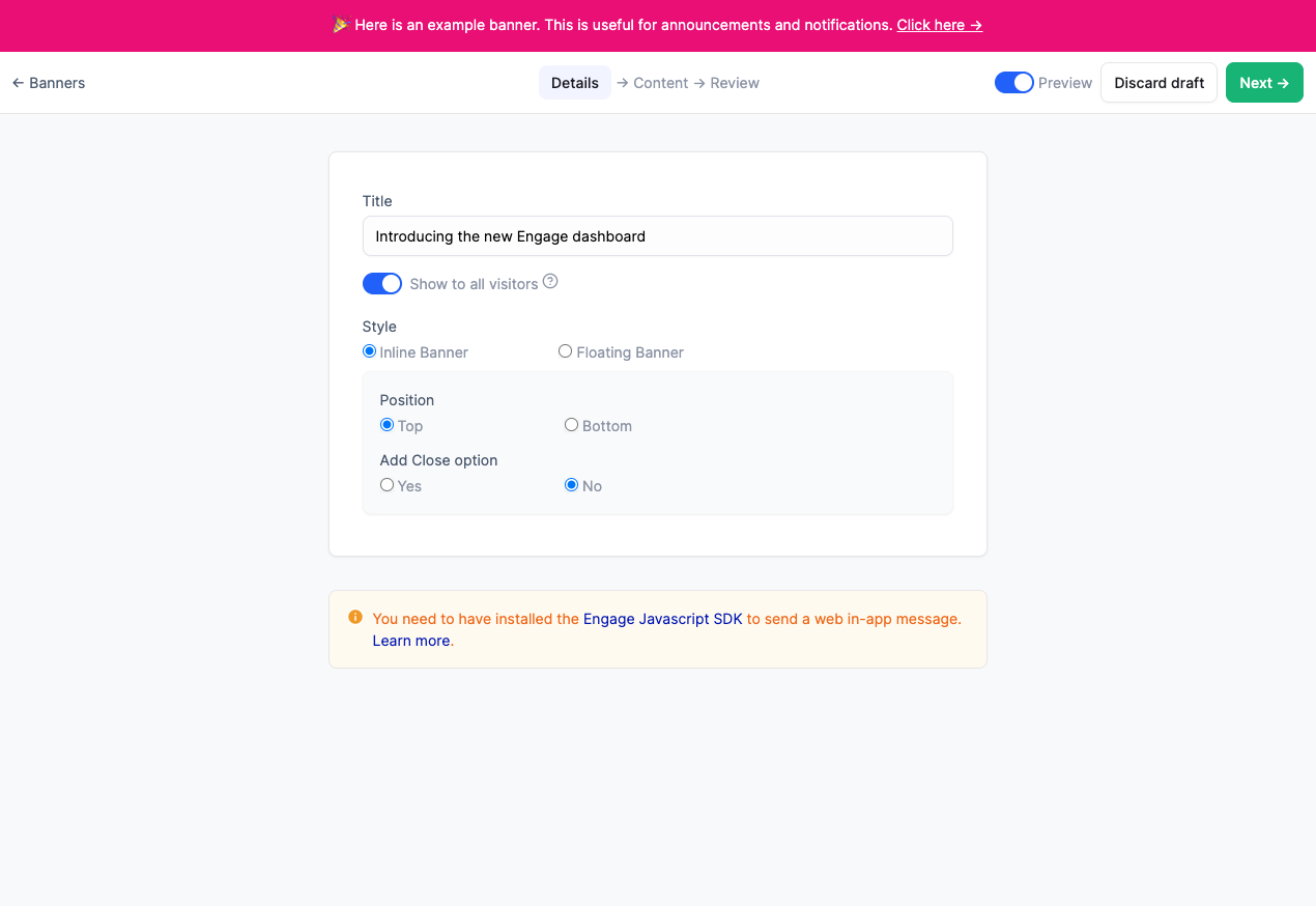 Engage dashboard showing creating inline banner