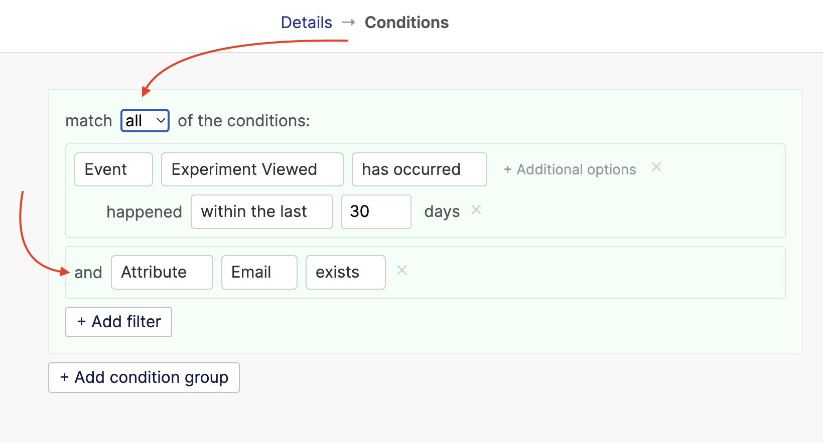 Condition page showing filters with "all" match