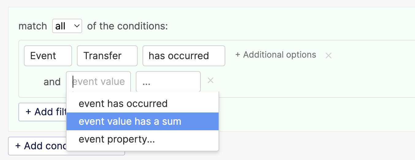 Create a filter based on sum of event value