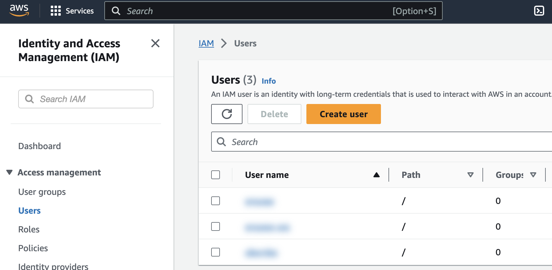 Create new user page on the Amazon console