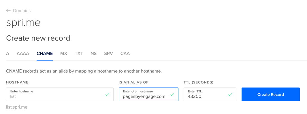 DNS provider page to set CNAME