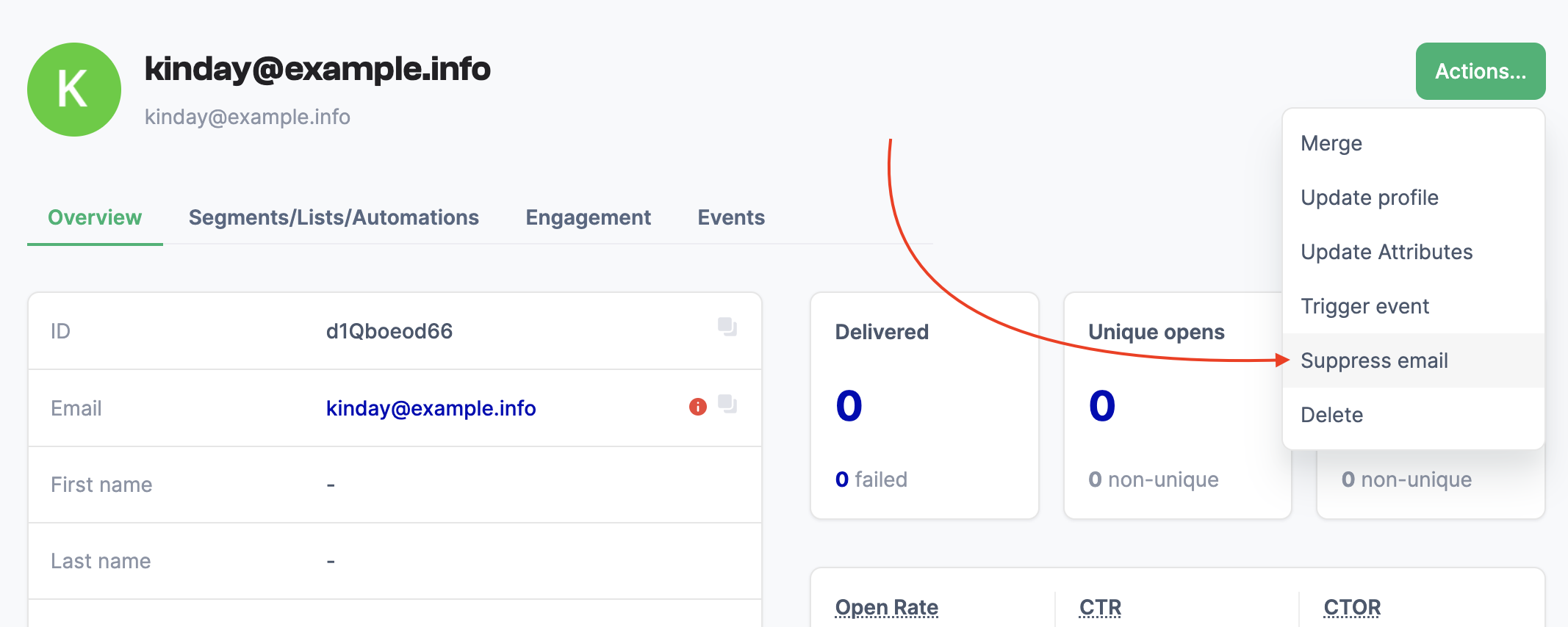User overview page showing how to suppress an email