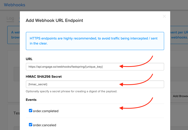 FastSpring screen to set URL and HMAC secret