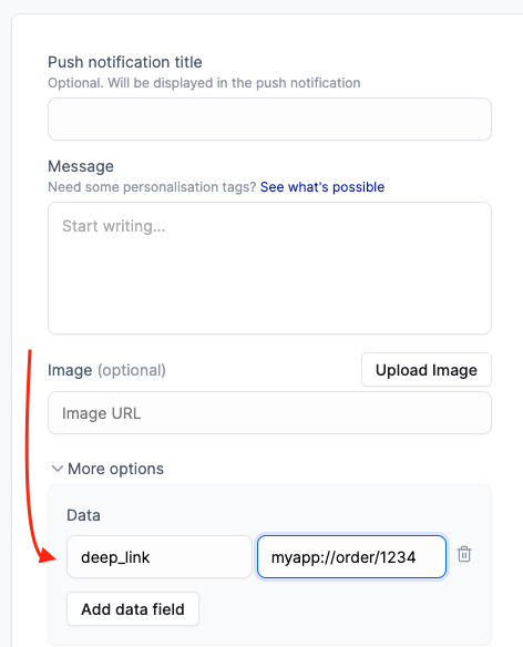 Push notification screen showing deep link entry