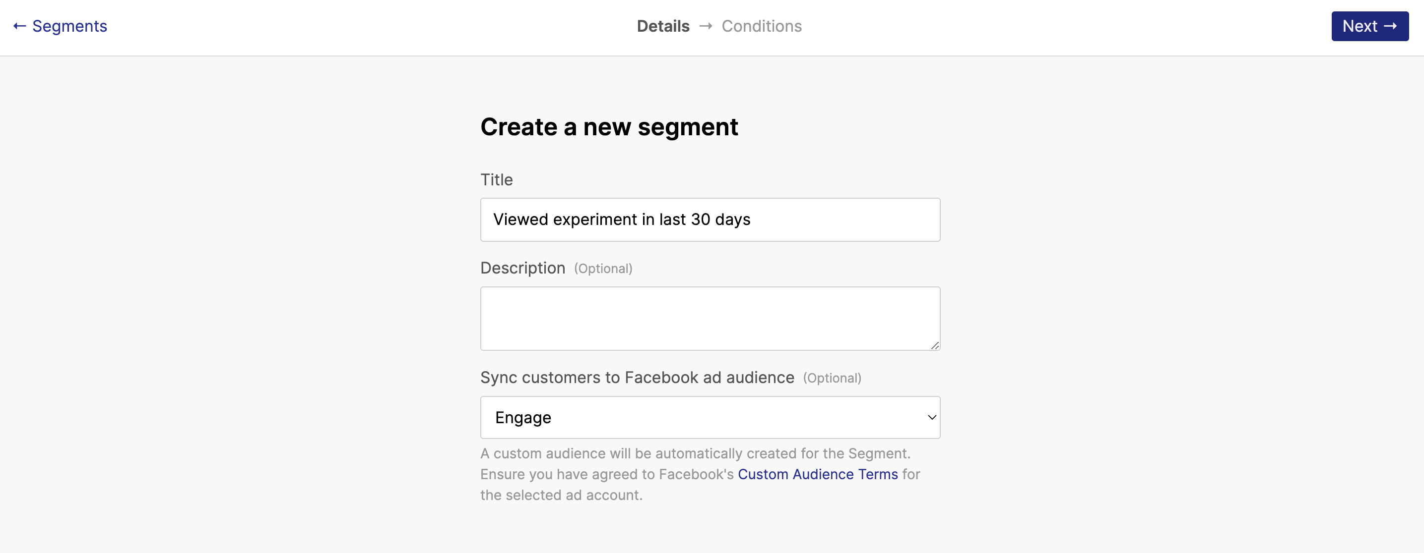 Page to create a new Segment