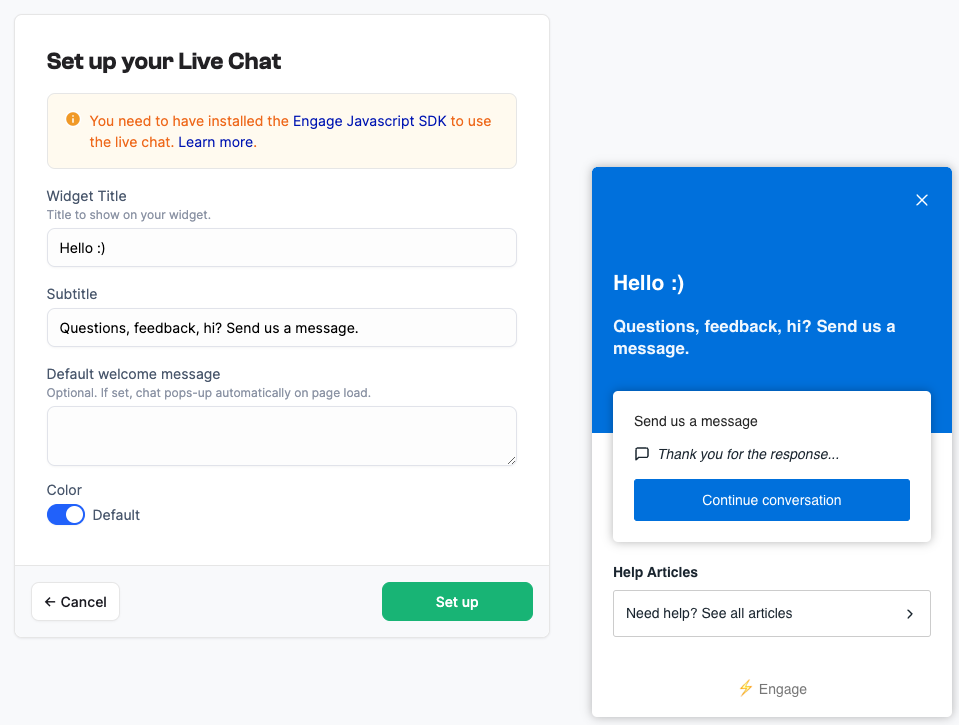 Set up screen for Live Chat