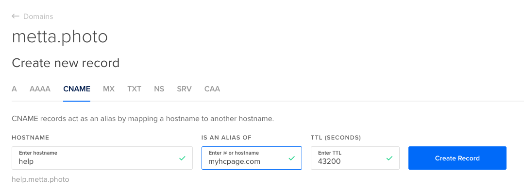 CNAME the subdomain to myhcpage.com