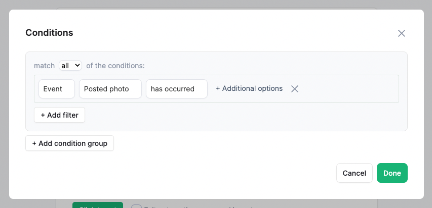 Modal window to set conditions for Automation goal