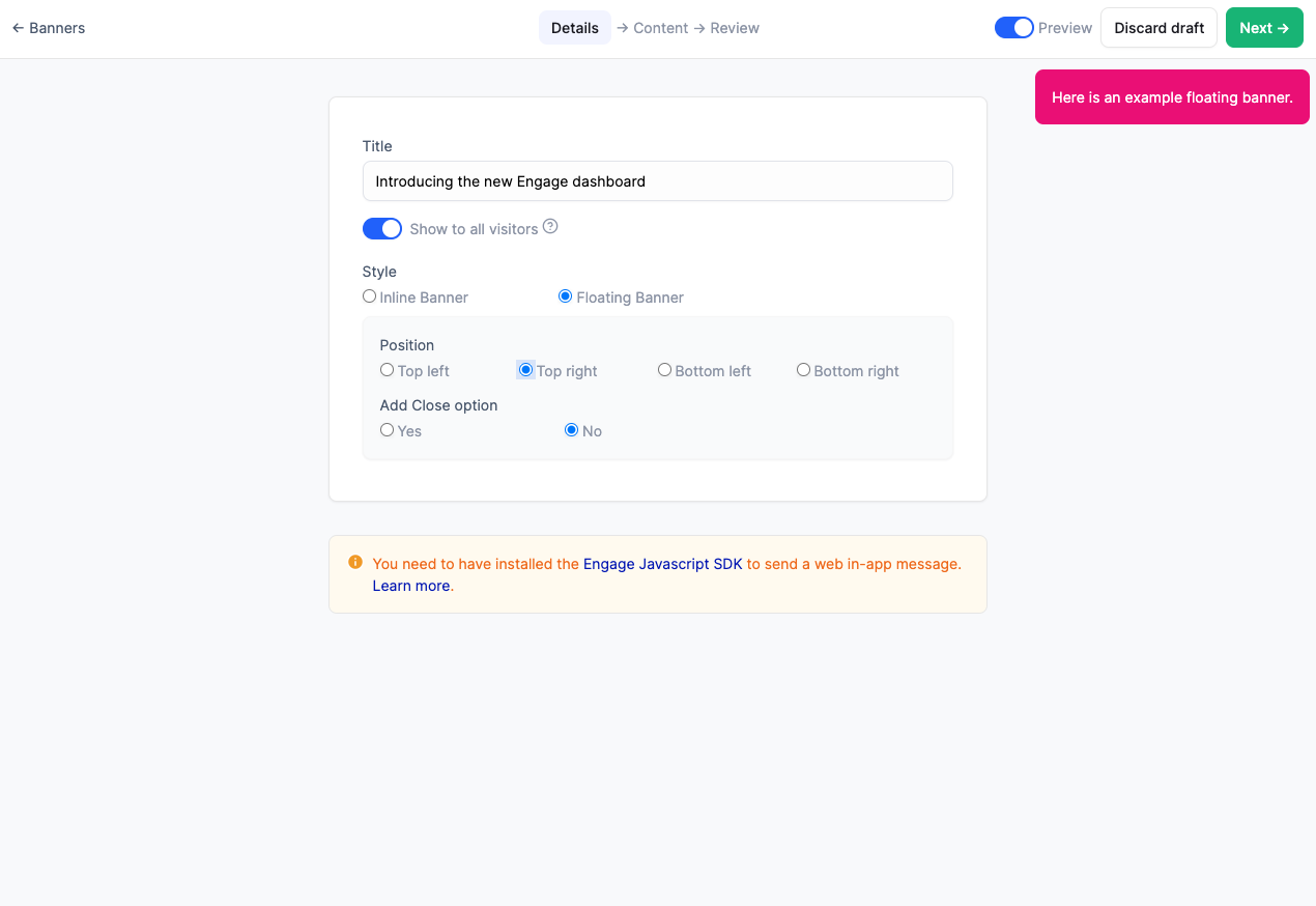 Engage dashboard showing creating floating banner
