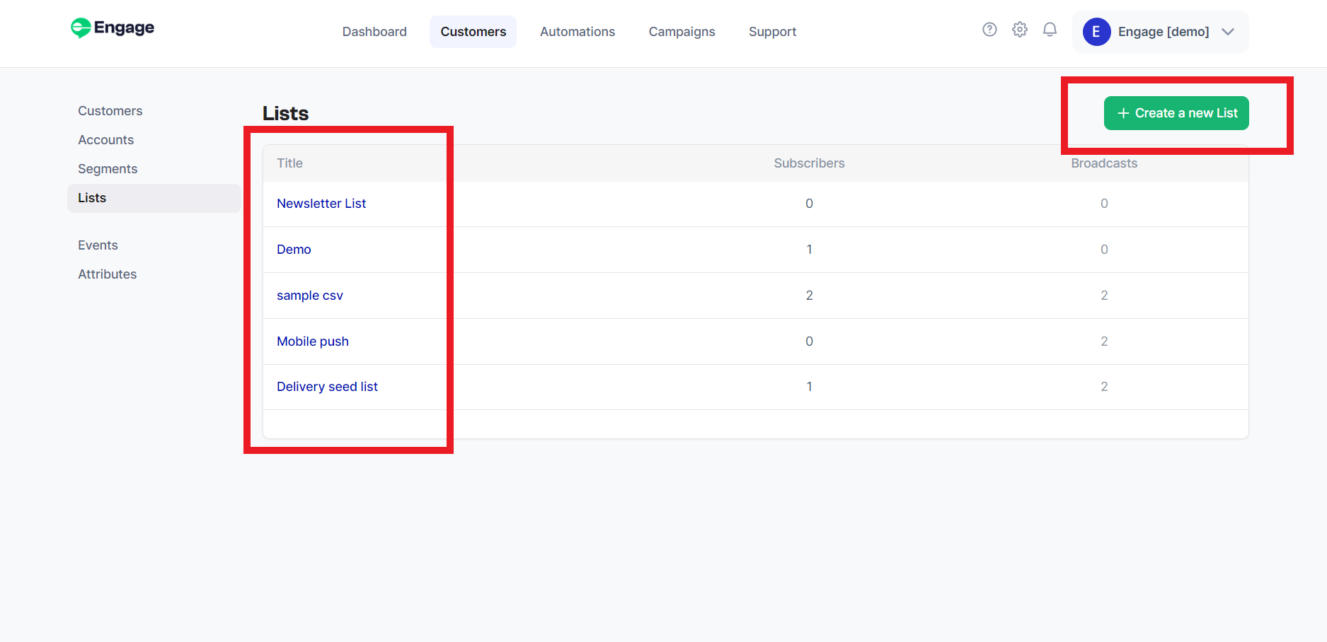 Lists on Engage