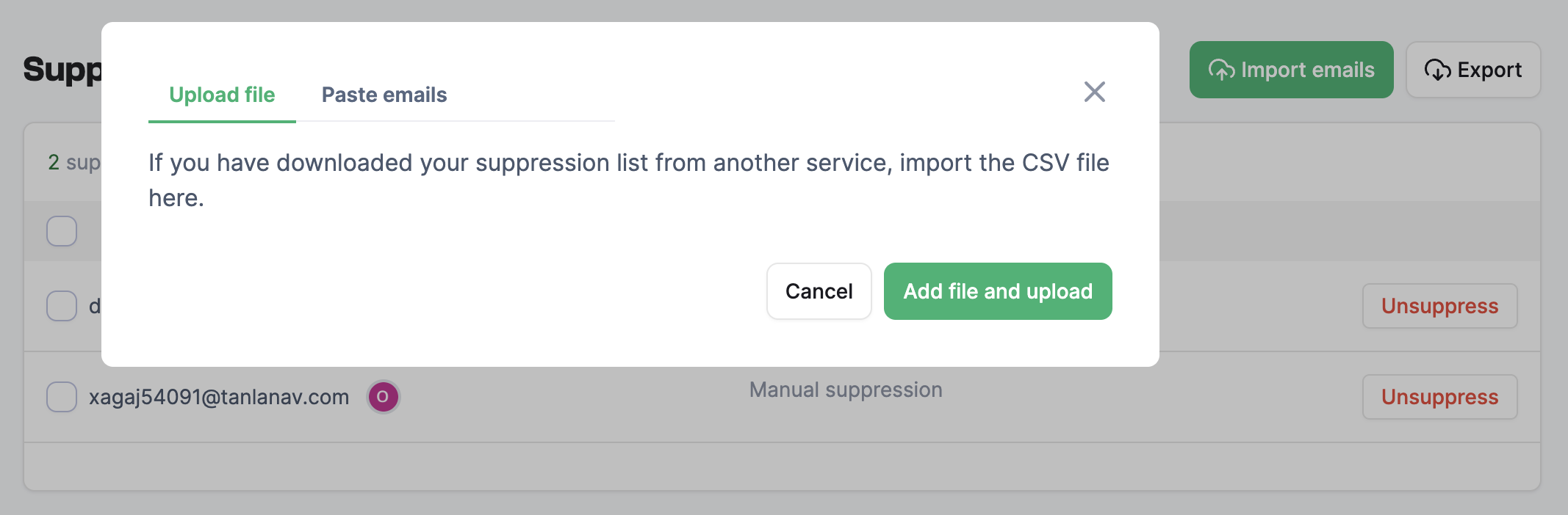 Upload modal to upload a Suppression List