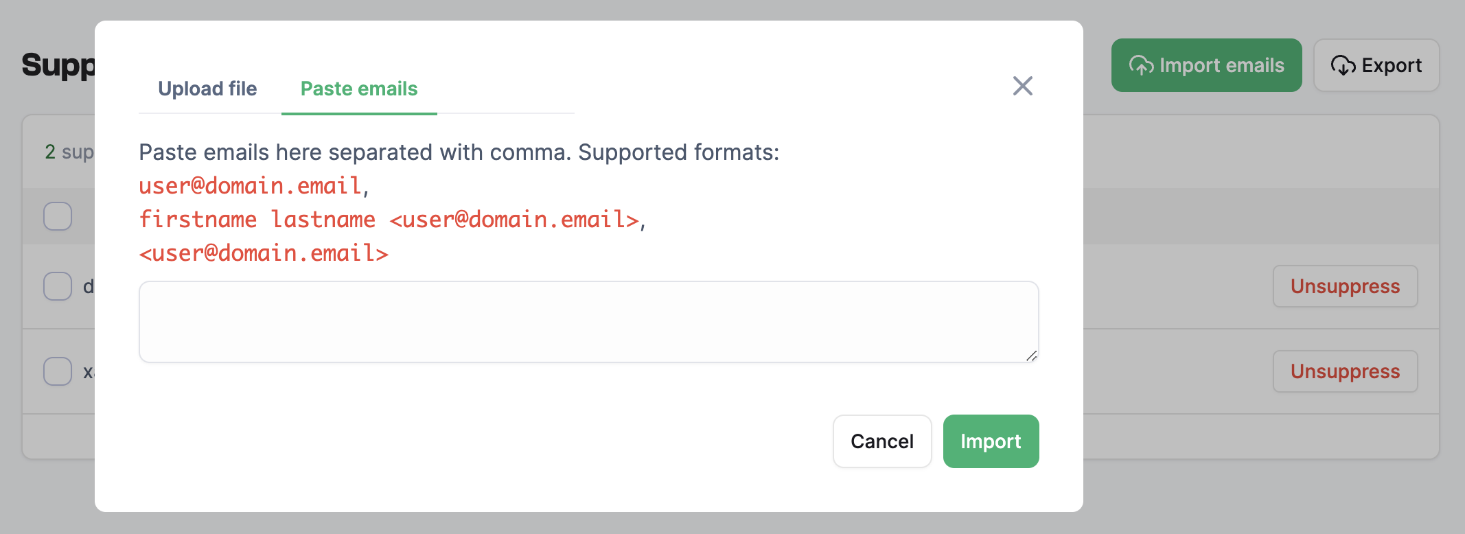 Paste modal to add bulk emails to Suppression List