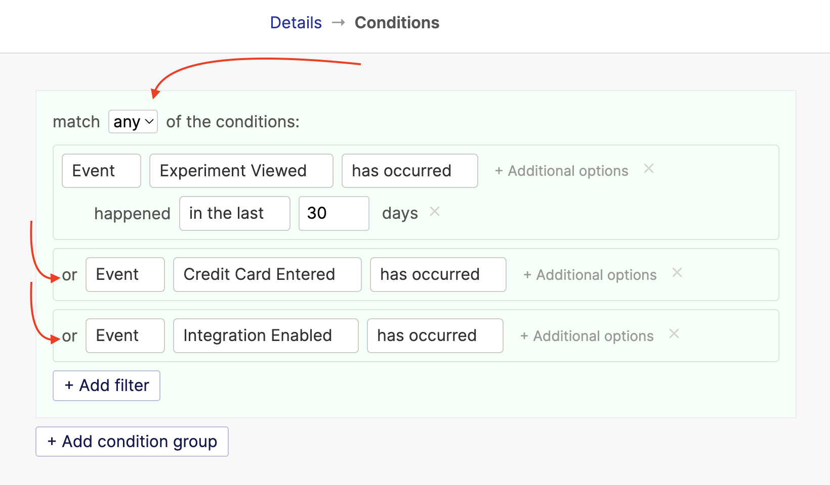 Condition page showing filters with "any" match
